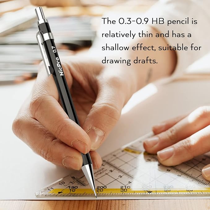 Nicpro 29PCS Black Metal Mechanical Pencil Set in Leather Case, 0.3, 0.5, 0.7, 0.9 & 2mm Lead Pencil Holder, (6B 4B 2B HB 2H 4H) Lead Refills (Black & Colors), Eraser For Art Drafting Sketching