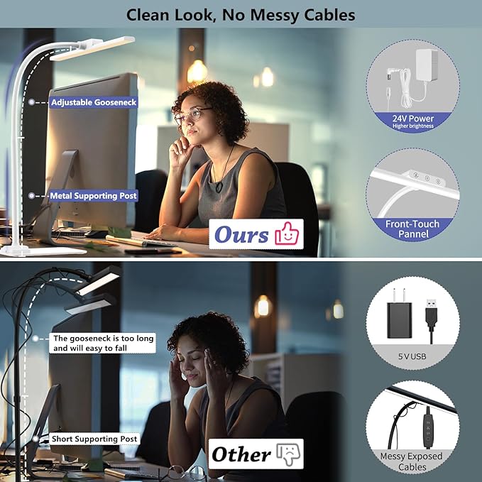 KableRika LED Desk Lamp with Base: Bright Desk Lights for Home Office - Eye Care Reading Table Lamps - Dimmable Desktop Lighting for Computer Monitor Study Drafting White