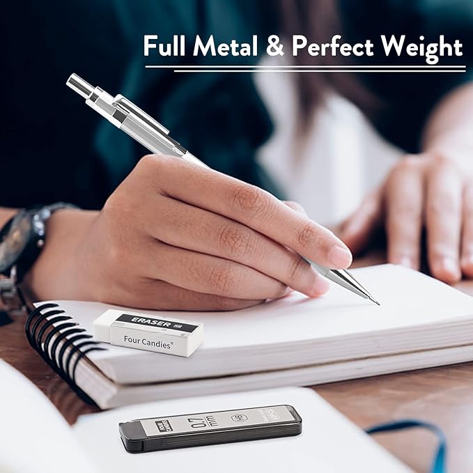 Four Candies 0.7mm Mechanical Pencil Set with Case - 4PCS Metal Mechanical Pencils, 8 Tubes HB #2 Lead Refills, 3PCS 4B Erasers and 9PCS Eraser Refills, Lead Mechanical Pencils for Writing & Drawing