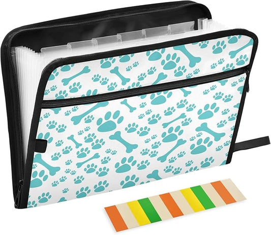 Gredecor 13 Pockets File Folder Organizer A4/Letter Water Resistant Sky Blue Dog Bone Paw Document Bag with Zipper Filing Folder Expanding File Pouch Storage for School Office