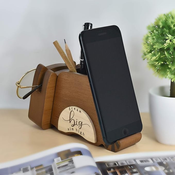 I'm Wood Multipurpose Raccoon Eyeglass Phone Pen & Pencil Holder Stand Stationery Desk Organizer Accessories Decor, for Home Office Desktop Decoration Birthday Graduation Gifts “Dream Big Aim High”