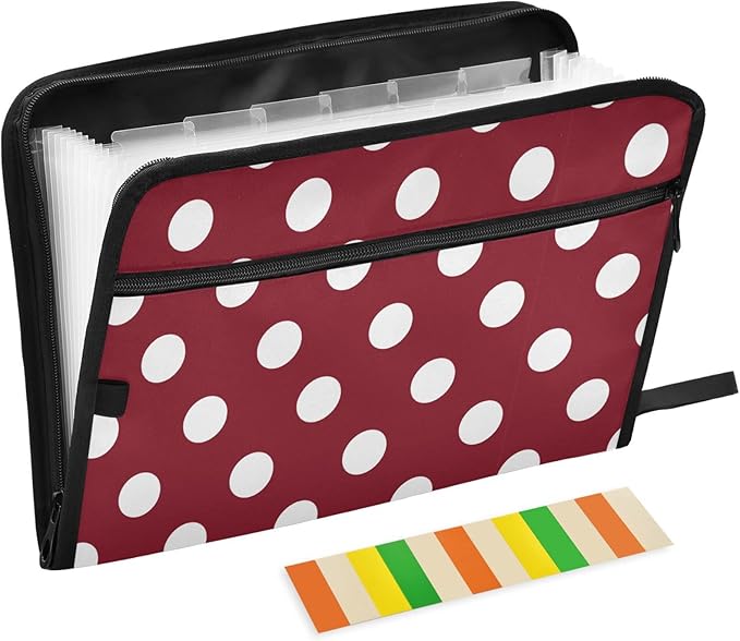Gredecor 13 Pockets File Folder Organizer A4/Letter Water Resistant White Polkadot with Red Document Bag with Zipper Filing Folder Expanding File Pouch Storage for School Office