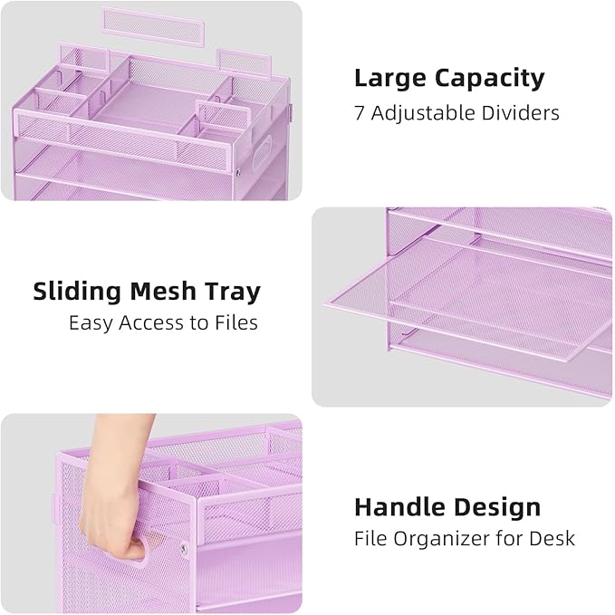 Marbrasse 5-Tier Letter Tray Paper Organizer with Handle, Multi-Functional Mesh File Organizer for Desk, Adjustable Compartments Mesh Desktop Storage for Office Supplies, Purple