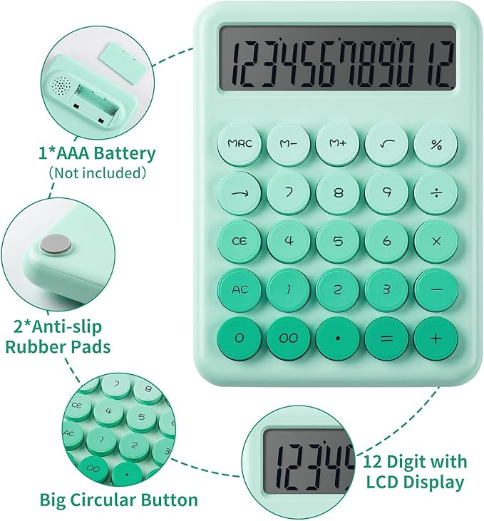 Desk Cute Green Calculator with Big Buttons, Calculators Desktop, 12 Digit with Large LCD Display, Basic Standard Calculator,Mechanical Switch Aesthetic Calculators Office Supplies for Home and School