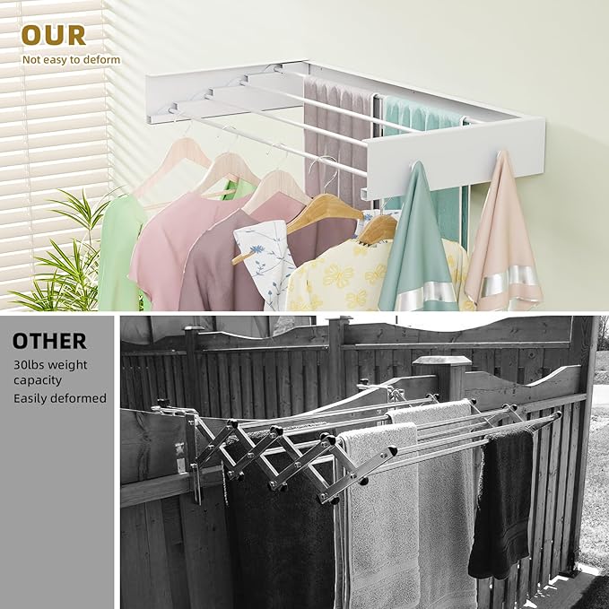 Wall Mounted Drying Rack for Laundry 23.6'', Foldable Laundry Drying Rack Clothing Wall Mount with 4 Towel Hooks and 4 Rods, Space Saving for Indoor Outdoor Bathroom Balcony (White, 23.6'')