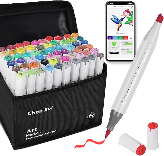 YHC 60 Colors Alcohol Brush Marker with Free App, Chen Rui Dual Tips Art Markers for Adults and Kids, Alcohol Based Brush & Chisel Tips Markers for Drawing, Coloring, Painting, Sketching