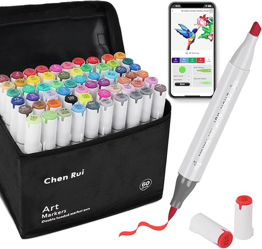YHC 60 Colors Alcohol Brush Marker with Free App, Chen Rui Dual Tips Art Markers for Adults and Kids, Alcohol Based Brush & Chisel Tips Markers for Drawing, Coloring, Painting, Sketching
