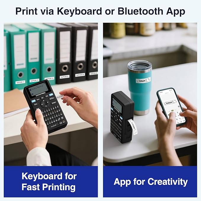 SUPVAN E11 Bluetooth Label Maker Machine with 4 Tapes, Support Keyboard & App with 40 Fonts and 450+ Icons, Rechargeable Inkless Labeler for Home, Kitchen, Office, School, Organization, Black