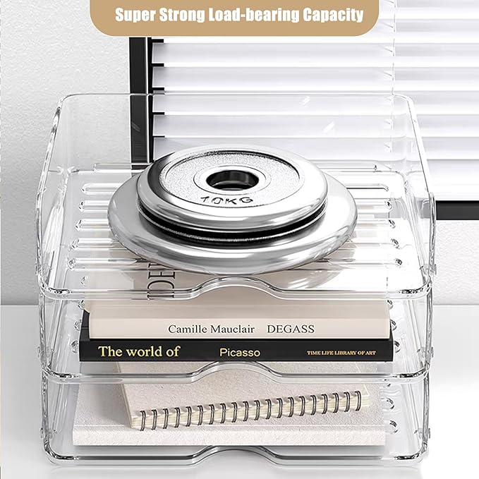 Clear Stackable Paper Trays 4 Pack, PET Letter Tray Desk Organizer, Desktop Organizers and Storage for Books, Magazines, Folders, A4 Size File Paper, Notes, Pens