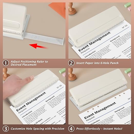 Metal Adjustable 6 Hole Punch for A5 A6 A7 Binders/Planners, Paper Hole Puncher 6 Ring with Guide Rule, 6 Sheet Capacity, Heavy Duty 6 Hole Punch for Binder/Agenda/Notebook/Bookbinding DIY (Off White)