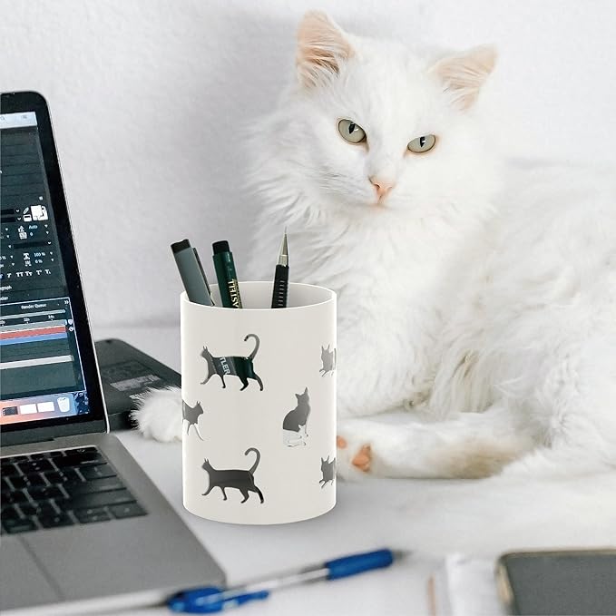 Mango Steam Metal Pen Holder, Makeup Brush Cup Organizer for Office, Bathroom, Vanity (White, Cat)…