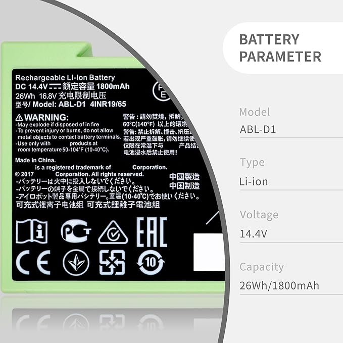 For iRobot Roomba e e5 e6 e5150 e5152 e6198 and i i3 3150 i3+ 3550 i4 4150 i4+ 4552 i6 I7 i7158 i7+ 7150 7550 i8 Plus Replacement Lithium Ion Battery ABL-D1 4624864 4INR19/65 DC 14.4V 1800MAH/26WH