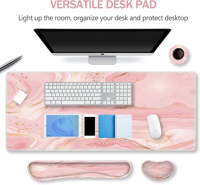 ARTSO Extended Gaming Mouse Pad Set, Keyboard Wrist Rest Support Pad + Wrist Cushion + XXL Large Mouse Pad + Coaster, Stitched Edge, Non-Slip, Memory Foam Desk Mat, Pink Gold Marble