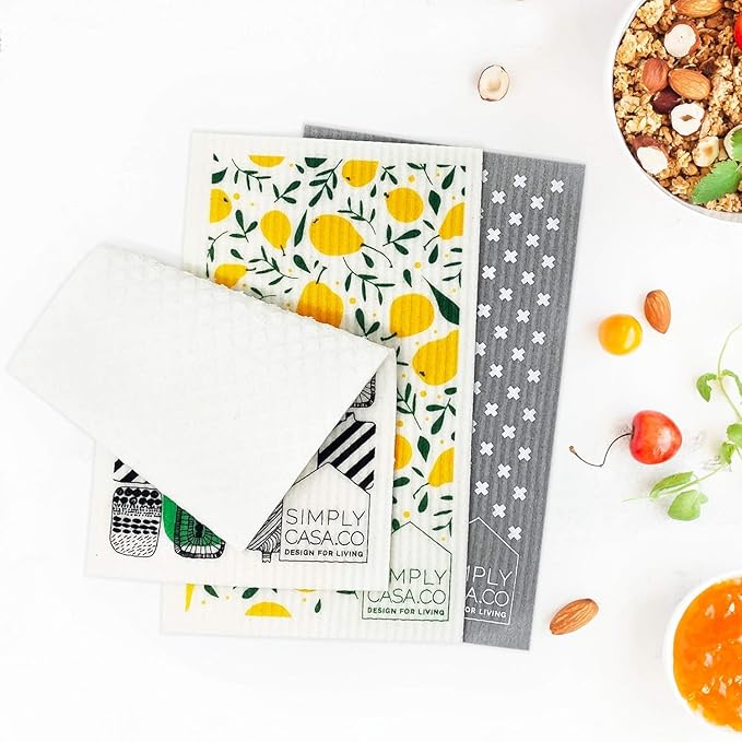 Long 5‑Pack Swedish Dishcloths – Reusable, Cellulose Sponge Dish Cloths for Washing Dishes, Paper Towel Replacement, Plastic-Free Packaging, Super Absorbent