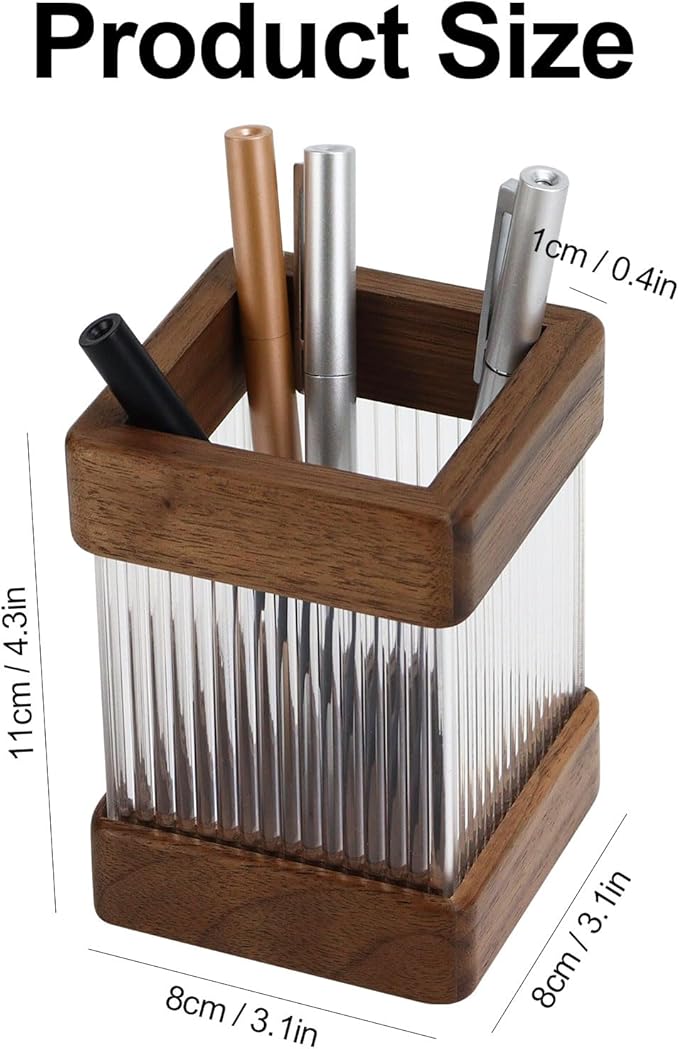 MultiBey Walnut Wooden Pencil Holder, Clear Acrylic Wood Pen Holder, Black Walnut Desktop Pencil Cup Stand Wood Desk Accessory Organizer for School Office Home Supplies