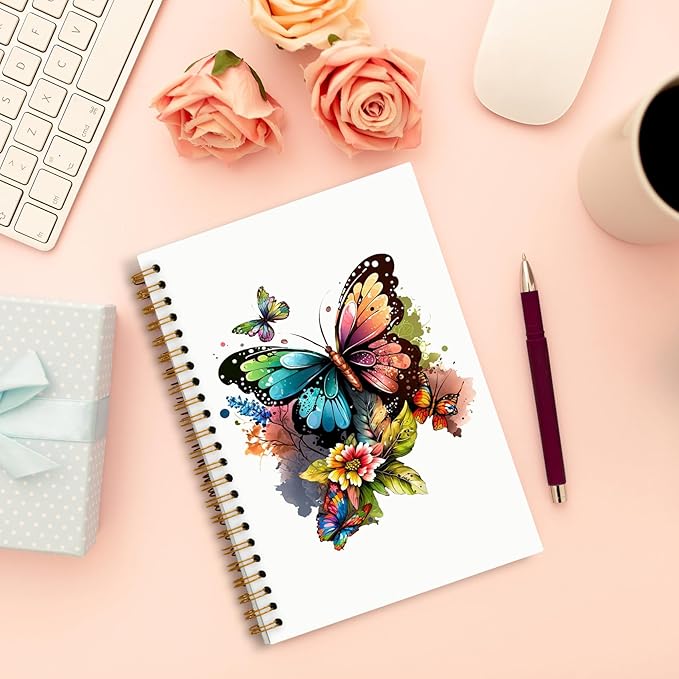 Butterfly Floral Notebook, Watercolor Cottagecore Flowers Journal for Writing, Butterfly Floral Aesthetic Journal for Women, Spiral Notebook 5.5x8.3 Inch