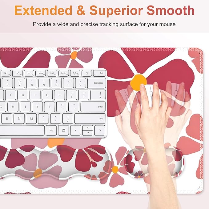 Desk Mat Gaming Mouse Pad, Cute Desk Matt Keyboard Wrist Rest for Desktop, Anti-Slip Mousepad w/Stitched Edges, XXL Large Mouse Pad with Wrist Support for Desk Computer I Burgundy Lucky Flower