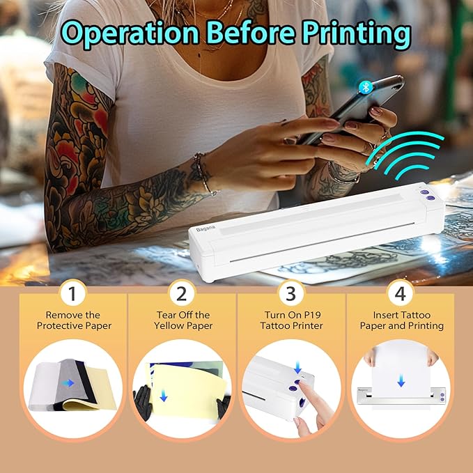 Bagana Wireless Tattoo Stencil Printer, Bluetooth Thermal Temporary Portable Tattoo Transfer Machine Kit Compatible with Smartphone & PC