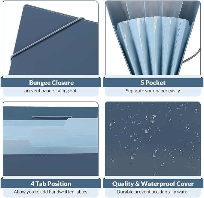 SKYDUE Accordion File Organizer, 5 Pocket Expanding File Folders with Pockets, Document Organizer, Portable Paper Organizer，School Office Supplies Blue