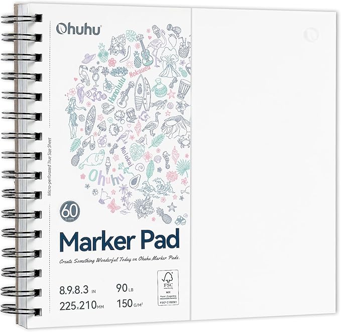 Ohuhu Double-Sided Marker Pad Art Sketchbook Bleedproof - 8.3"x8.3" Square Paper Size - 90 lb/150 gsm Smooth Drawing Paper - 60 Sheets/120 Pages, Spiral Bound Sketching Book for Alcohol Markers