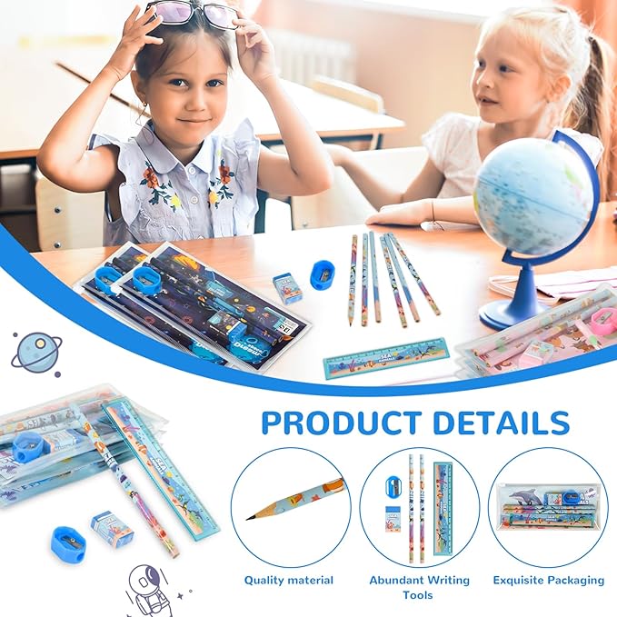 24 Sets Back to School Gifts Cute Stationery Set Back to School Supplies First Day of School Bithday Gifts Including Pencils Eraser Ruler Sharpeners for Classroom Rewards