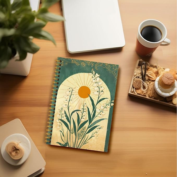Boho Floral Emerald Green Notebook Journal, Boho Lily of the Valley Botanical Sun Notebooks Journal, Aesthetic Notebooks, Journal Notebooks for Note Taking, Spiral Notebook 5.5x8.3 Inch
