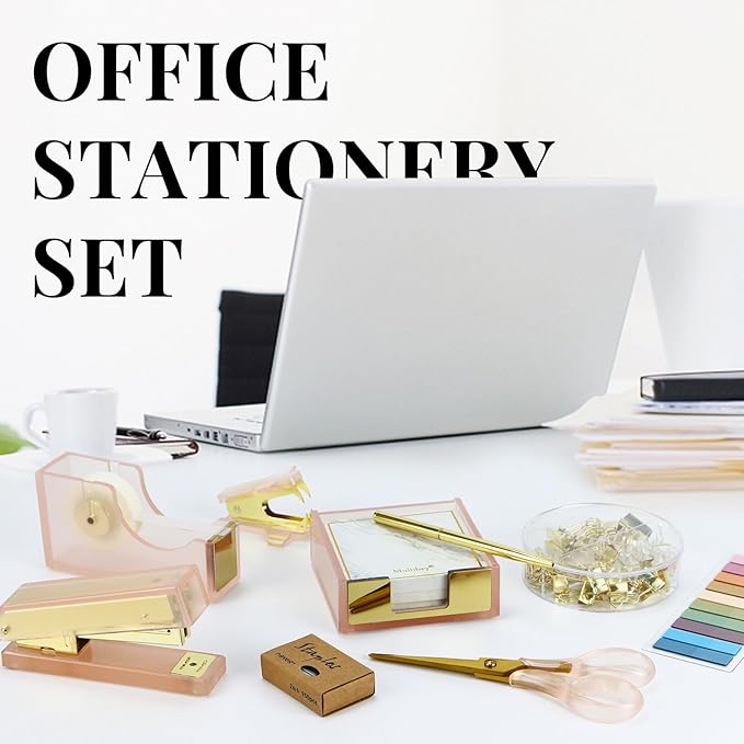 Buqoo Pink Acrylic Sticky Notes Holder Stapler and Tape Dispenser Cutter with Staple Remover, Scissor, Ballpoint Pen, Sticky Notes, Paper Clips Set for School Home N Office Supplies