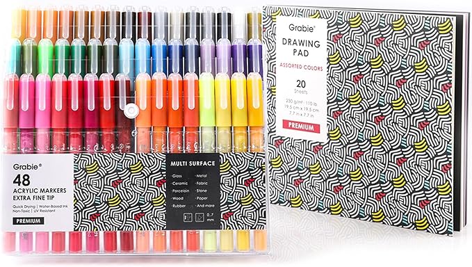 Grabie Acrylic Paint Pens Markers, 48 Colors, 0.7 mm, Extra Fine Tip Drawing Markers, Premium Paint Pens for Painting on Various Surface, Art Supplies