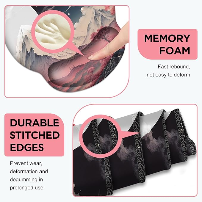 AIMSA Keyboard Mouse Pad Wrist Rest Set, Large Gaming Mouse Desk Pad with Wrist Support Ergonomic Design, 4 in 1 Mousepad for Home Office, Sakura Snow Mountain