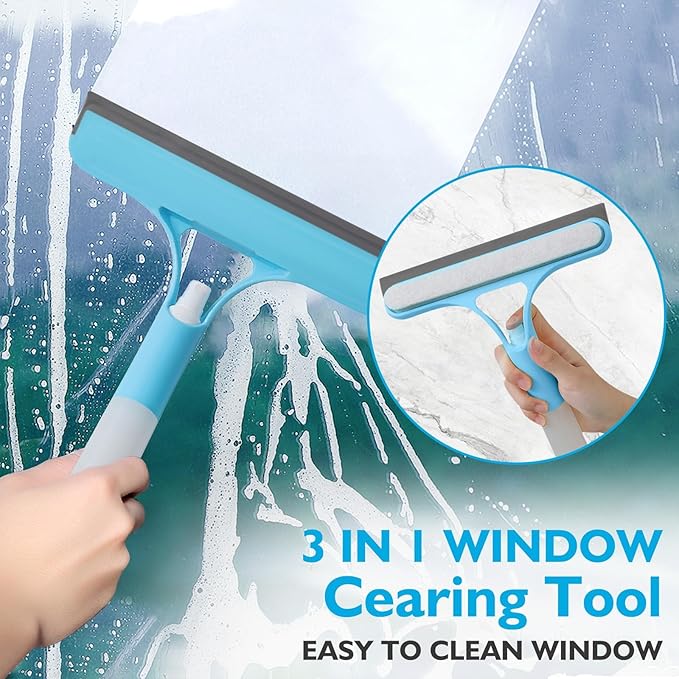 3 in 1 Spray Window Squeegee Cleaner Scraper, WindowSqueegee with Brush and Built-in Spray BottleAll-Purpose Shower Glass, Mirrors, Car, Home Window Cleaner Tool (Yellow)