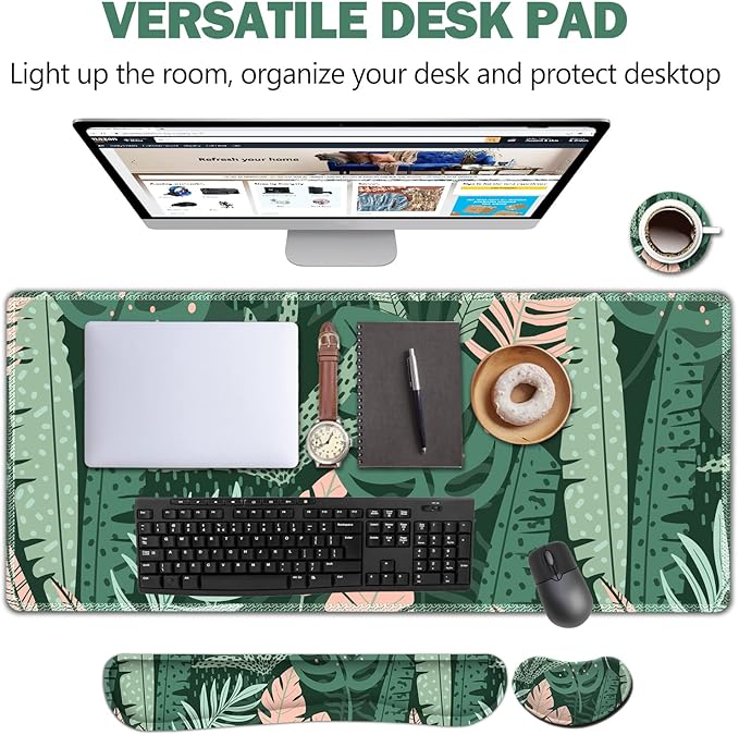 AIMSA Large Gaming Mouse Pad Set, Keyboard Wrist Rest Support Mouse Pad, Ergonomic Memory Foam Multifunctional Extended Desk Mat 35x15.7in Anti-Slip Rubber Base for Office Home, Pink Green Leaves