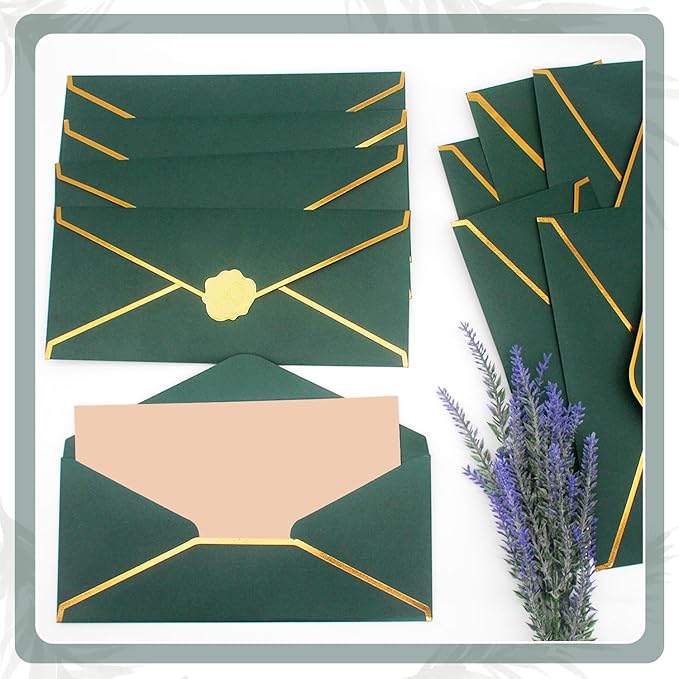 Business Envelopes with V-Flap,Gold Border 30 Pack #10 Envelopes Made of 150gsm Paper, Standard Envelopes with Gold Stickers for Office, Checks, Letter Mailing,9.45 x 4.13 Inches (Deep Green)