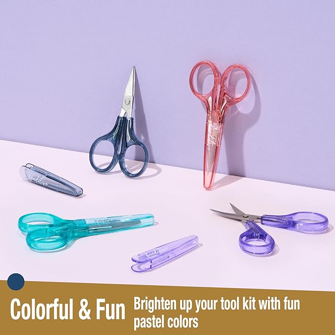 Beaditive Detail Craft Scissors Set (2 pcs) Curved and Straight, Sharp, Compact | Sewing, Embroidery, Paper Cutting, Crafting | Stainless Steel | Protective Cover (Blue&Pink)