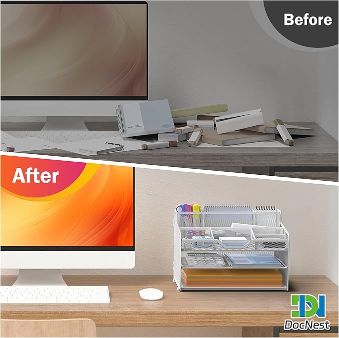 Docnest 3 Tier Mesh Desk Organizer for Paper Office Supplies – Multi-Functional Letter Tray with 5 Adjustable Compartments, 3 Pen Holders, Desktop Storage for Files, Mail, Stationery – White