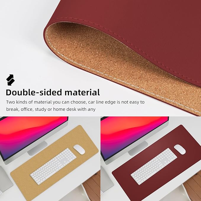 Desk Mat 35" x 17" Leather Desk Pad Protector with Natural Cork & PU Leather, Non-Slip Office Desk Mat, Double-Sided Large Mouse Pad, Waterproof Desk Cover for Office&Home (red)