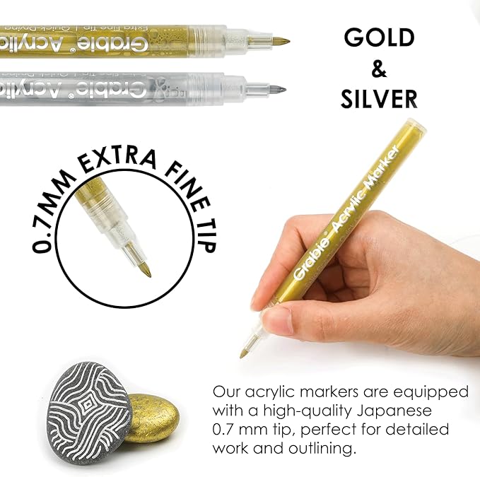 Grabie Gold&Silver Extra Fine Tip Acrylic Paint Marker Set, 6 Pack Gold Paint Markers, 0.7mm Acrylic Paint Pens for Black Paper, Halloween Pumpkin, Christmas DIY, Silver Pen(Gold&Silver)