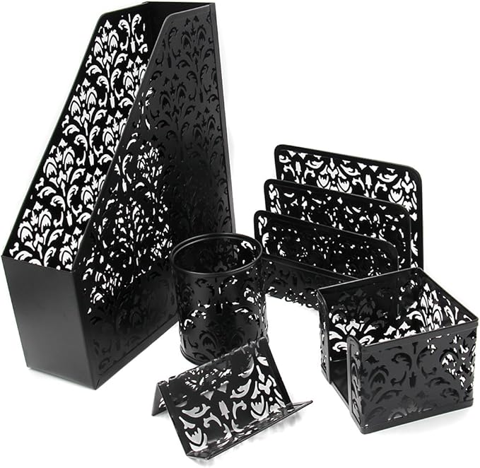 EasyPAG Desk Organizer Set - Pencil Holder Letter Sorter File Holder Business Card Holder and Sticky Note Holder, Black