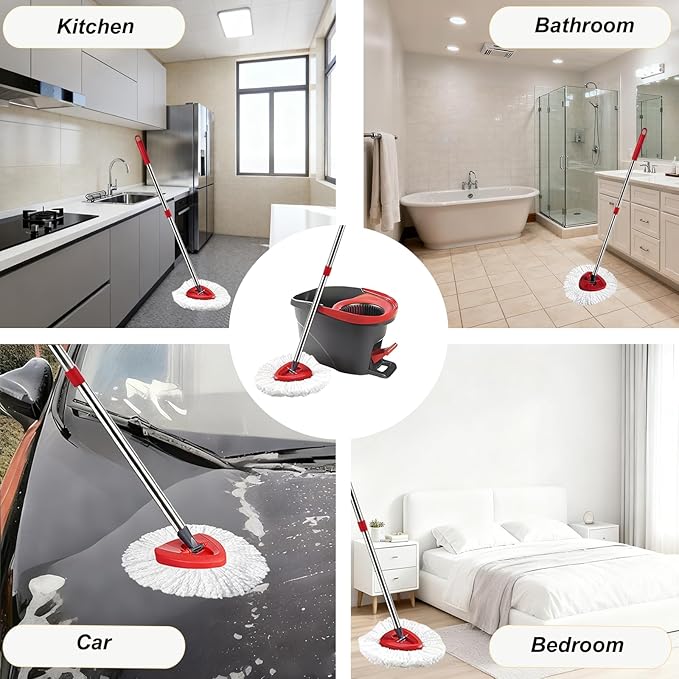 Mop Head Replacements Compatible with O-Cedar EasyWring 1-Tank System, 6 Durable Microfiber Replacement Mop Heads and 1 Triangular Base for Hardwood, Tile & Laminate Floors, Washable & Reusable