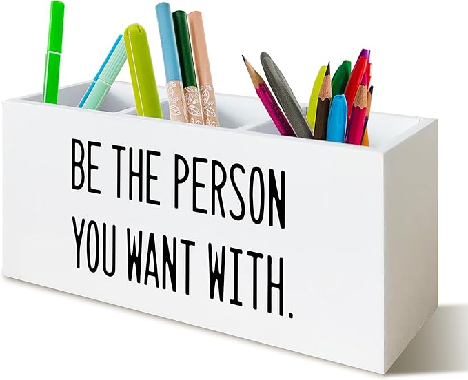 Be the Person You Want With Office Decor Pen Holder for Desk, Motivational Gifts for Human Resources signs, Motivational Wooden Pencil Holder Office Desk Accessories