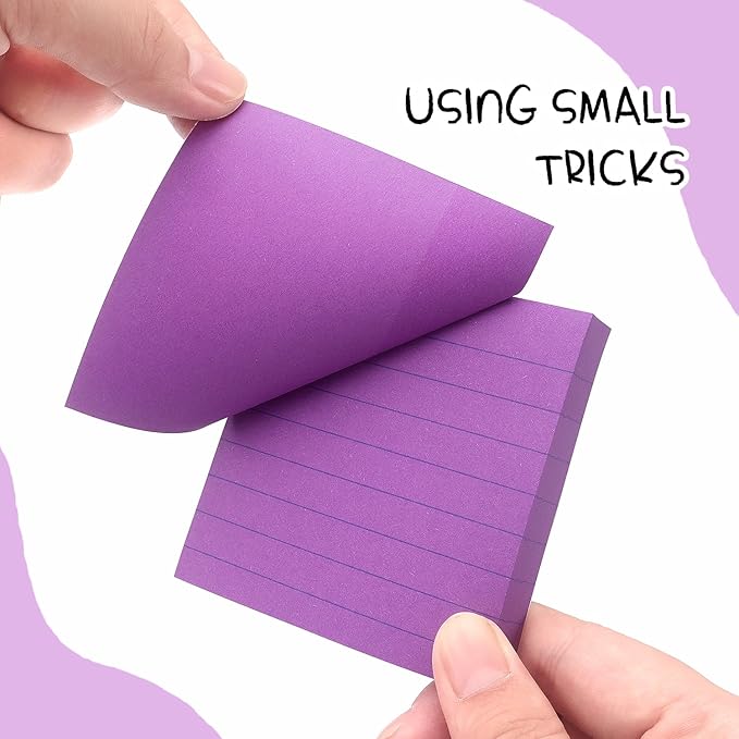 Lined Sticky Notes 3x3 Sticky Notes with Lines Self-Stick Notes Bright Color 4 Pads 90 Sheets/Pad (Purple)