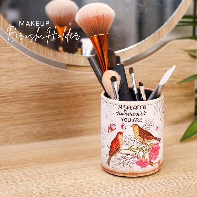 Pen Organizer for Desk, PU Leather Cute Pen Holder for Cosmetics Office Supplies, Gifts for Mom Wife Grandma, Love Birds PH83