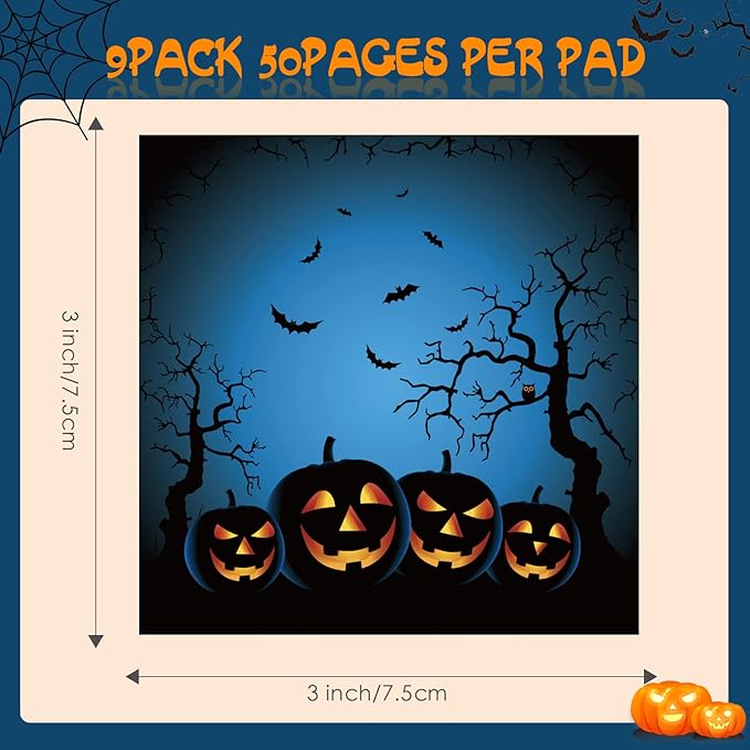 9 Pieces Halloween Sticky Note Halloween Spider Note Pads with Pumpkin Bat 450 Pieces of Self Adhesive Removable Memo Pads, 50 Sheets Each for Halloween School Office Home Students Teacher Presents