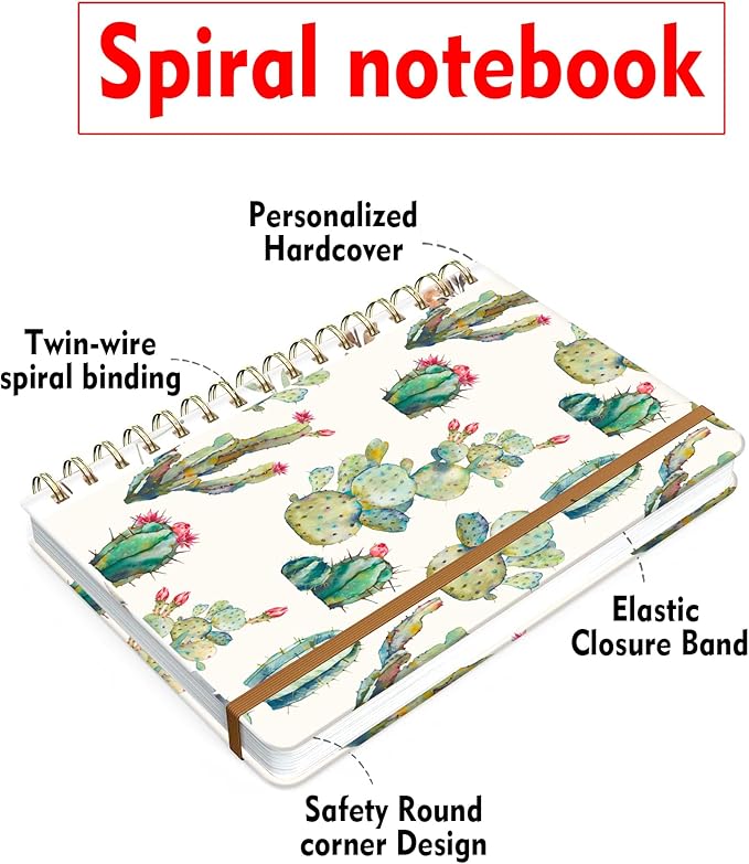 Spiral Journal Notebook for Women, Hardcover A5 College Ruled Notebook, 120 Pages, Thick Paper, Cute Lined Journal for School, Office & Work, 6 x 8.4 in(Watercolor Cactus)
