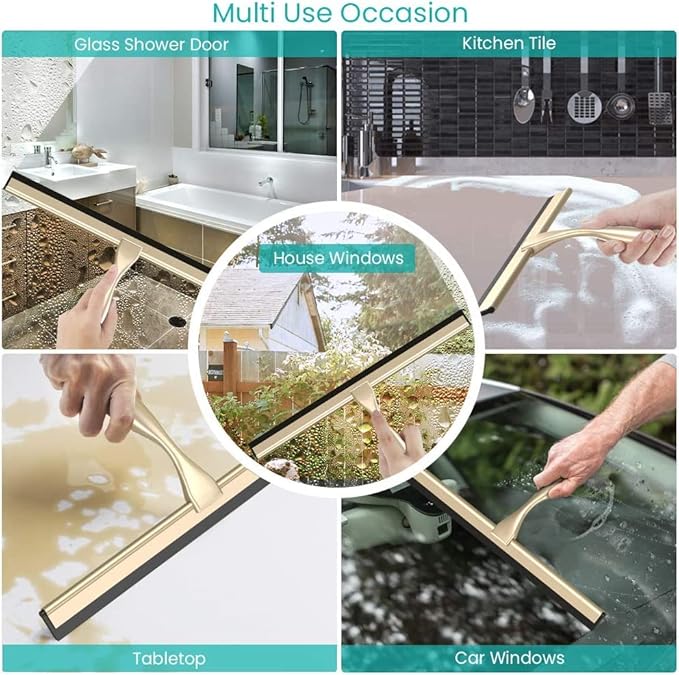 TopCharm Shower Squeegee for Doors & Windows, All-Purpose, Stainless Steel, 14 Inch, Golden