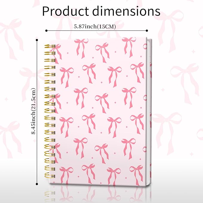 Spiral Journal Notebook, Hardcover Lined Journal for Women, Medium 6 x 8.4 in, 120 Pages Thick Paper, College Ruled Notebook for Writing, Work, Office, and School,Cute Pink Ribbon Bow