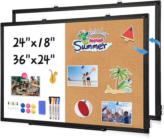 [24" x 36"] WALGLASS Dry Erase and Bulletin Boards Combo, Magnetic White Board Cork Board for Wall, Whiteboard & Corkboard Combination with Aluminum Frame, for Home, Classroom, Office