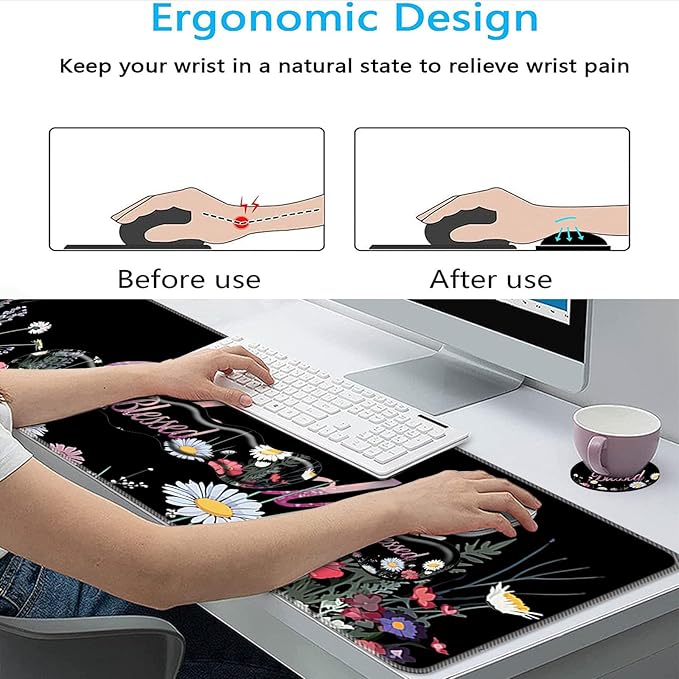 Keyboard Mouse Pad Set,Large Mouse Pad+Keyboard Wrist Rest+Wrist Support+Coaster,31.5x11.8in Extended Desk Mat for Computer Laptop Office Home-Florid Blessed
