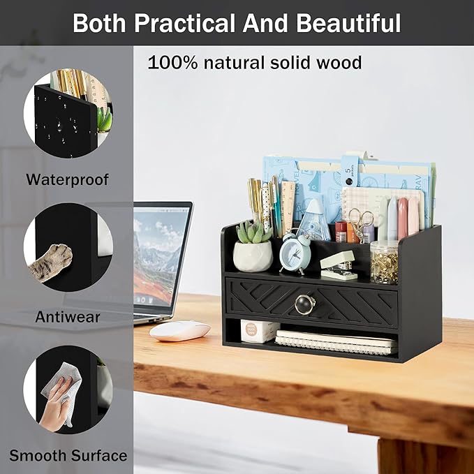 Black Wood Desk Organizer and Accessories with Drawer, Bill Mail Organizer and File Mail Holder for Office Supplies, Desk Accessories & Workspace Organizers for Desk Organization