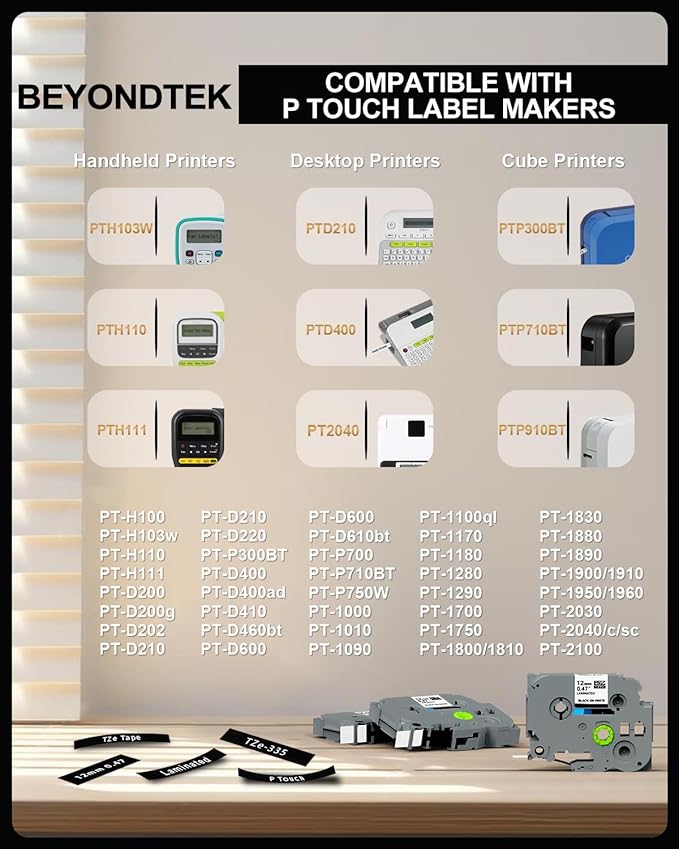 Tze-335 TZe335 Work for Brother P Touch 1/2" White on Black Label Maker Tape Compatible with Brother P Touch TZ TZe Tape 12mm 0.47 Laminated Black with P-Touch PT-H110 PT-D210 PT-D400 PT-D600,2-Pack