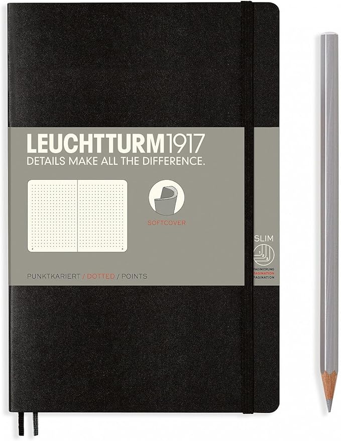 LEUCHTTURM1917 - Notebook Softcover Paperback B6+ - 123 Numbered Pages for Writing and Journaling (Dotted, Black)